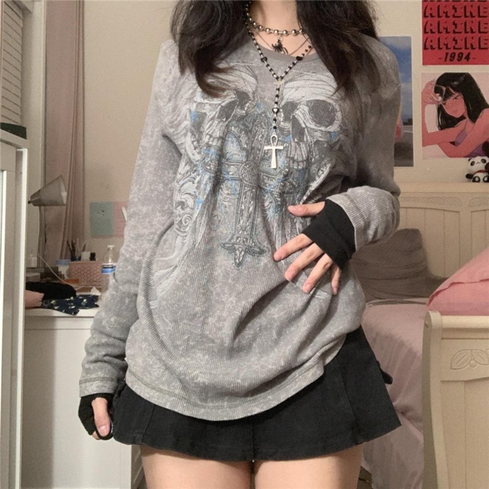Y2K Grey Long Sleeve Gothic Shirt